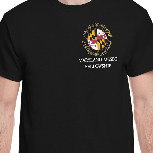 Maryland ME:SBG Flag Logo Black Crew T-Shirt on Model - CloseUp