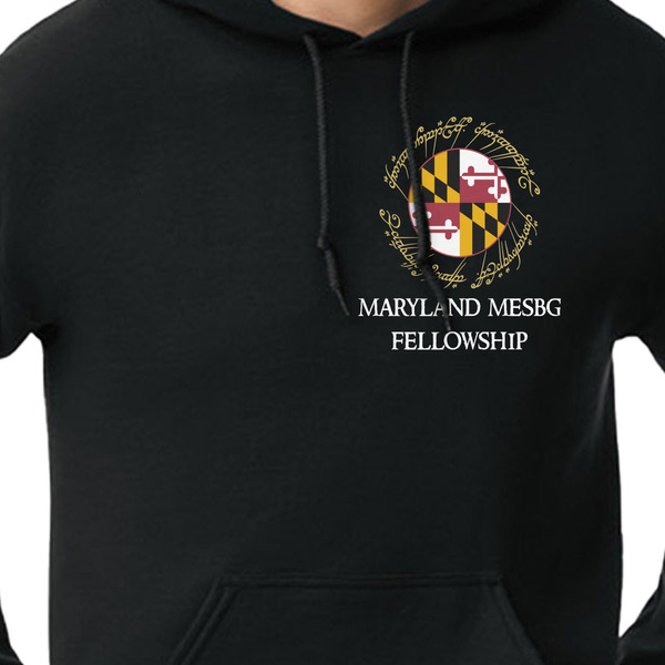 Maryland ME:SBG Flag Logo Black Hoodie on Model - CloseUp