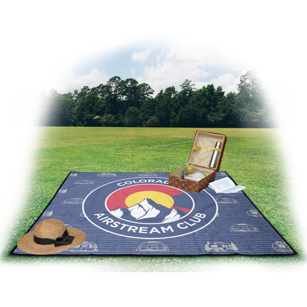 Colorado Airstream Club Picnic Blanket - with Basket Hat and Book - in Use