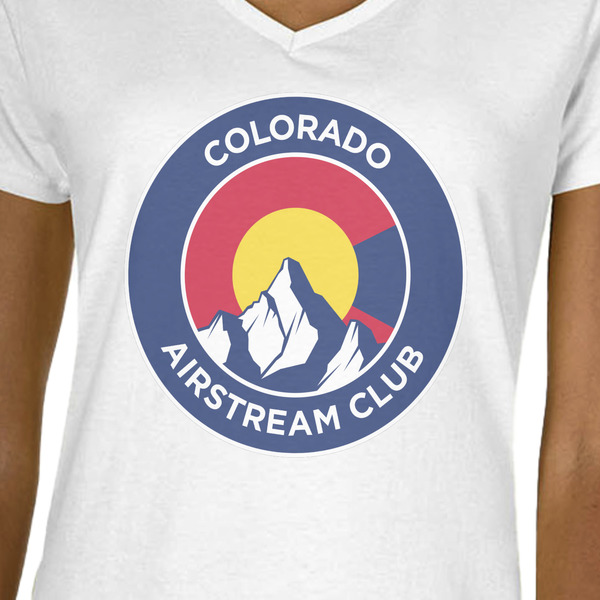 Colorado Airstream Club White V-Neck T-Shirt on Model - CloseUp