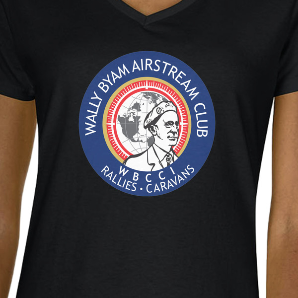 Wally Byam Airstream Club logo Black V-Neck T-Shirt on Model - CloseUp