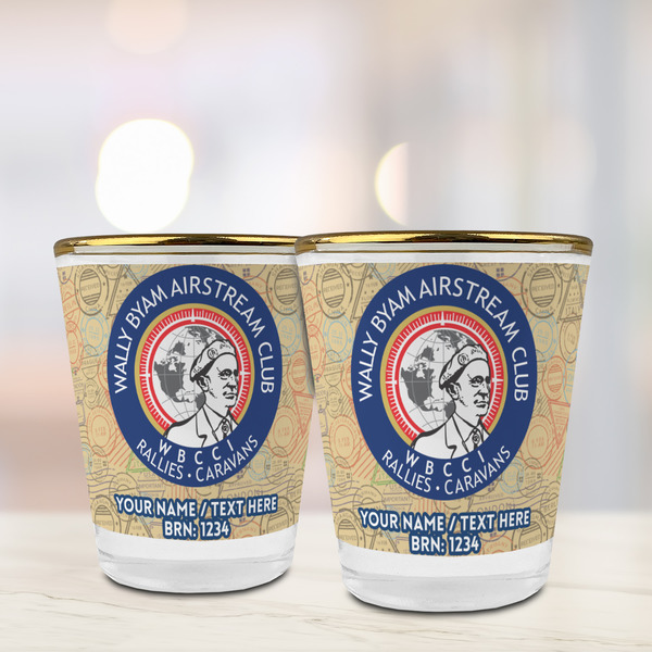 Wally Byam Airstream Club logo Glass Shot Glass - Gold Rim - Lifestyle