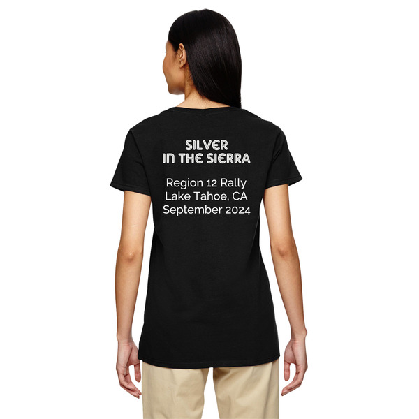 Silver in the Sierra '24 Rally Black V-Neck T-Shirt on Model - Back