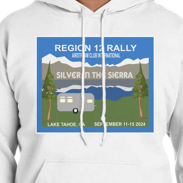 Silver in the Sierra '24 Rally White Hoodie on Model - CloseUp