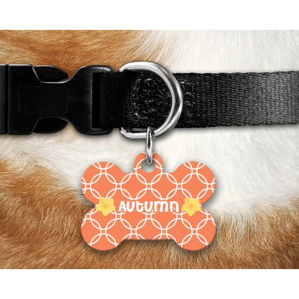 Linked Circles Bone Shaped Dog Tag on Collar & Dog