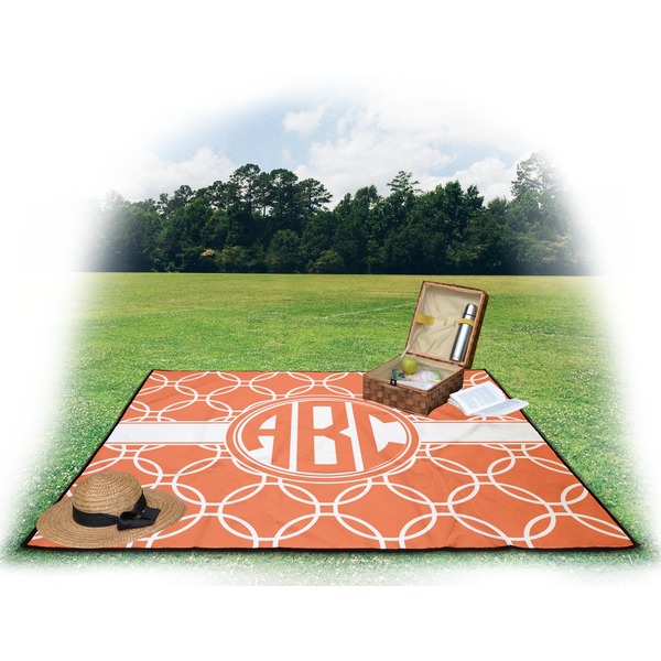 Linked Circles Picnic Blanket - with Basket Hat and Book - in Use
