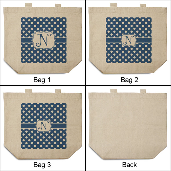 Polka Dots 3 Reusable Cotton Grocery Bags - Front & Back View