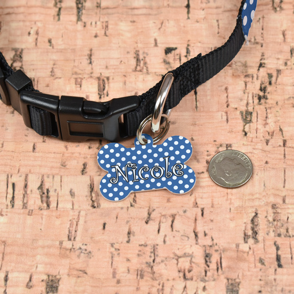 Polka Dots Bone Shaped Dog ID Tag - Small - In Context