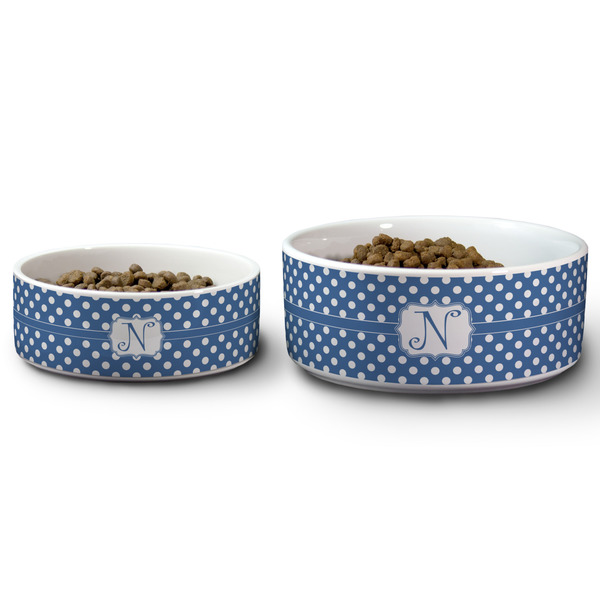 Polka Dots Ceramic Dog Bowls - Size Comparison