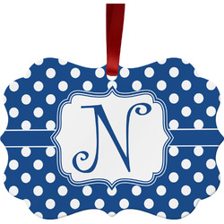 Polka Dots Metal Frame Ornament - Double Sided w/ Initial