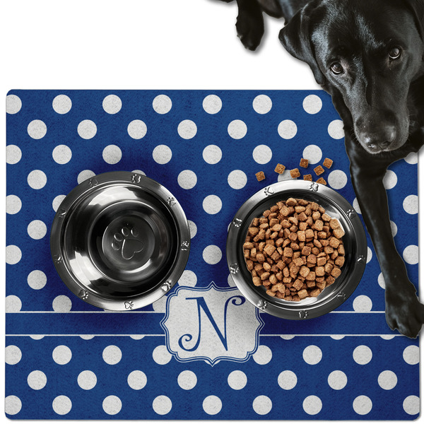 Custom Polka Dots Dog Food Mat - Large w/ Initial