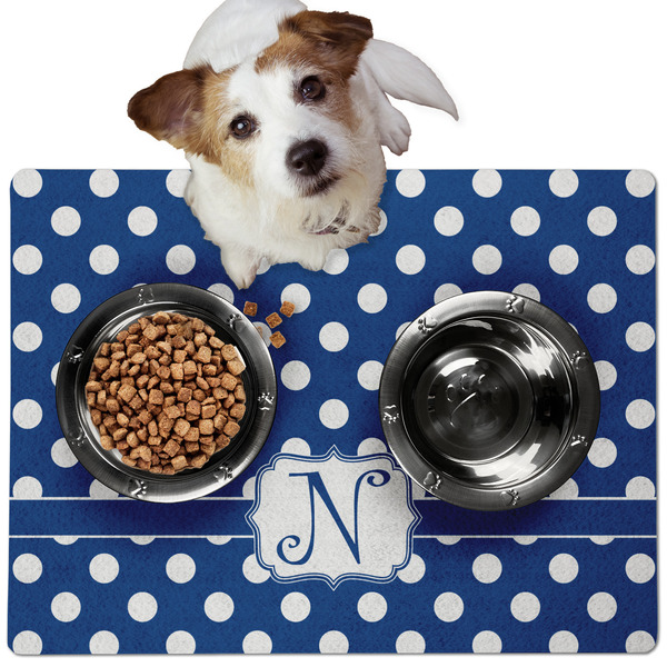 Custom Polka Dots Dog Food Mat - Medium w/ Initial