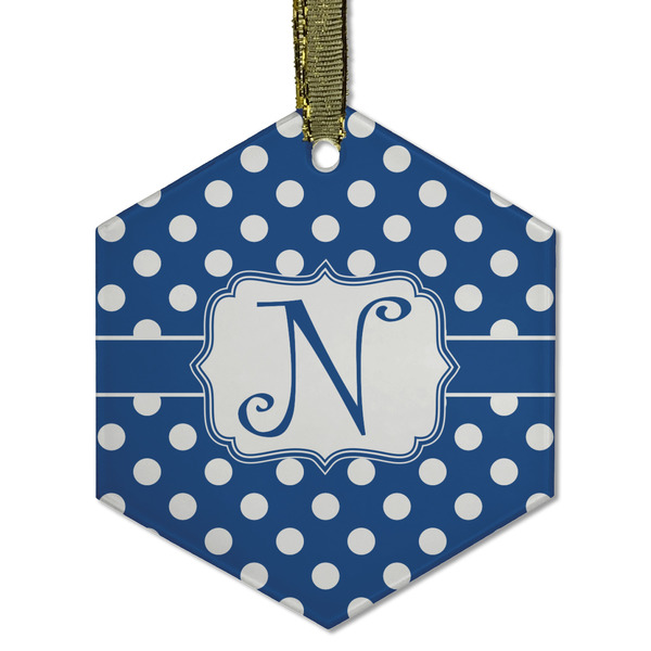 Custom Polka Dots Flat Glass Ornament - Hexagon w/ Initial