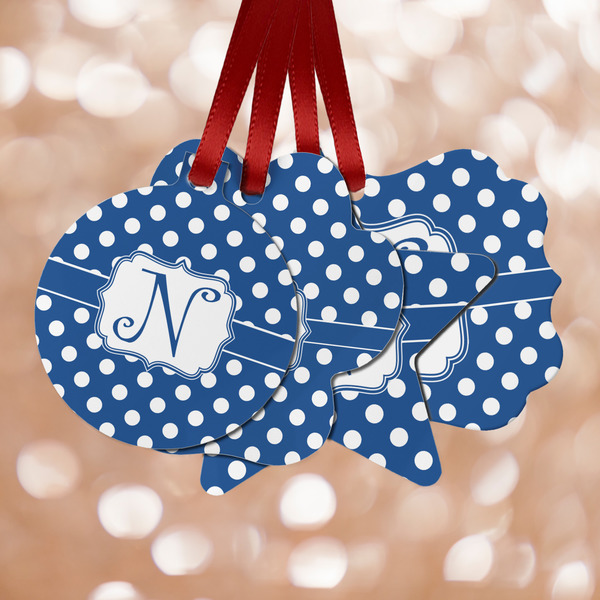 Custom Polka Dots Metal Ornaments - Double Sided w/ Initial