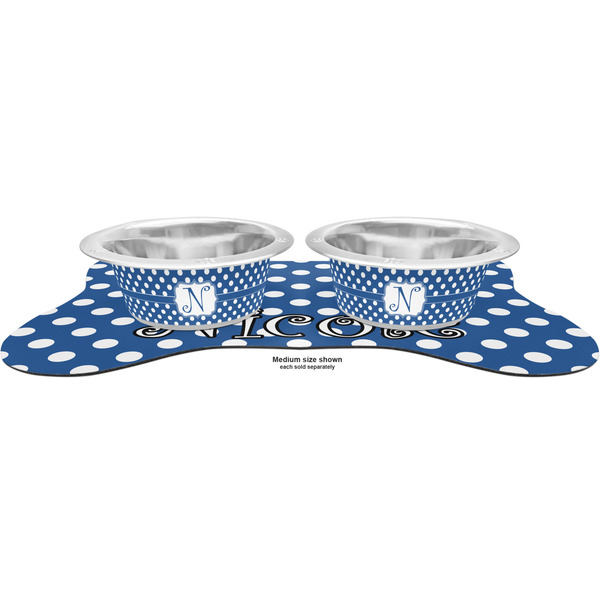 Polka Dots Metal Pet Bowls - On Dog Bone Shaped Mat