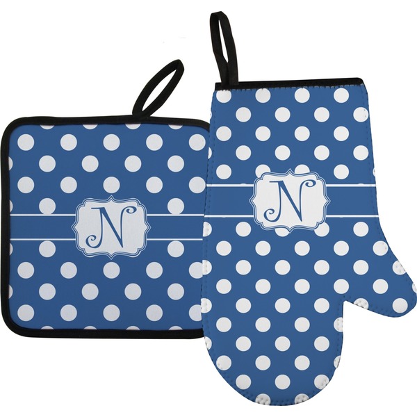 Custom Polka Dots Oven Mitt & Pot Holder Set w/ Initial