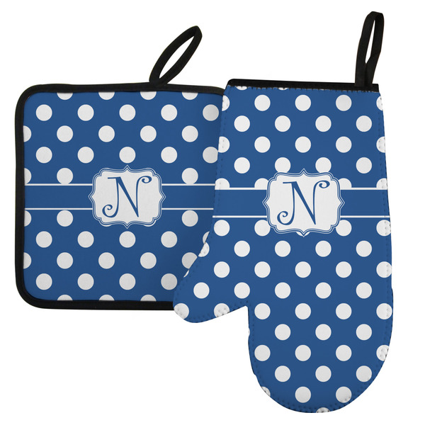 Custom Polka Dots Left Oven Mitt & Pot Holder Set w/ Initial