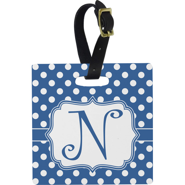 Custom Polka Dots Plastic Luggage Tag - Square w/ Initial
