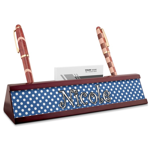 Custom Polka Dots Red Mahogany Nameplate with Business Card Holder (Personalized)