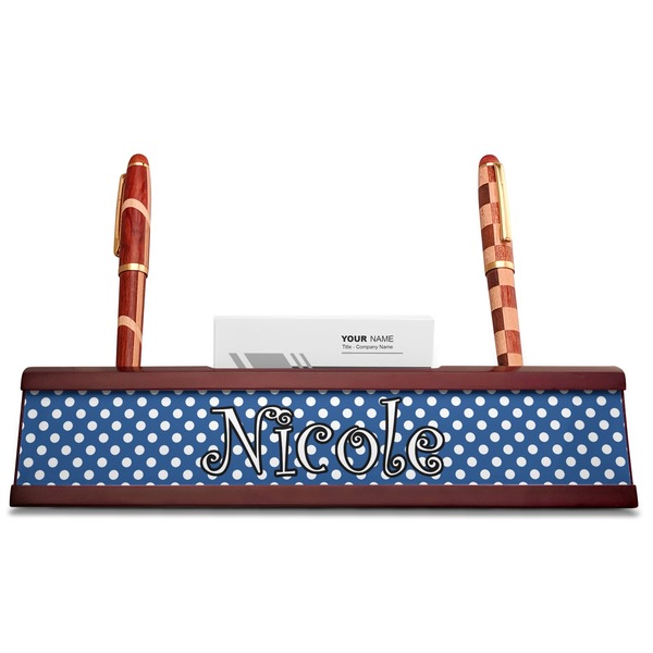 Polka Dots Red Mahogany Nameplates with Business Card Holder - Straight