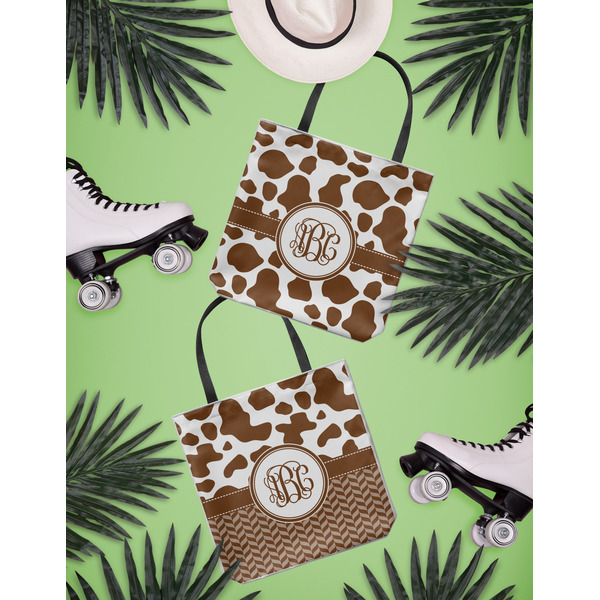 Cow Print Canvas Tote Lifestyle Front and Back- 13x13
