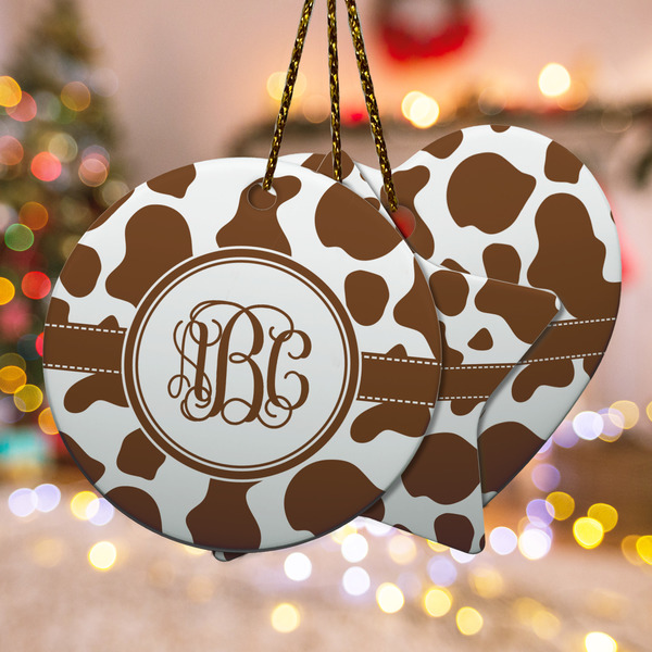 Custom Cow Print Ceramic Ornament w/ Monogram
