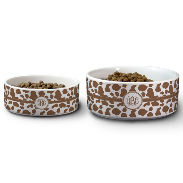 Cow Print Ceramic Dog Bowls - Size Comparison