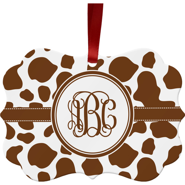 Custom Cow Print Metal Frame Ornament - Double Sided w/ Monogram