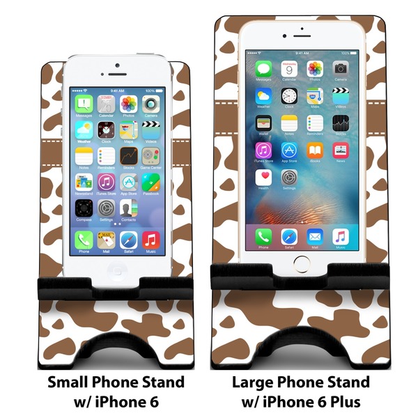 Cow Print Compare Phone Stand Sizes - with iPhones