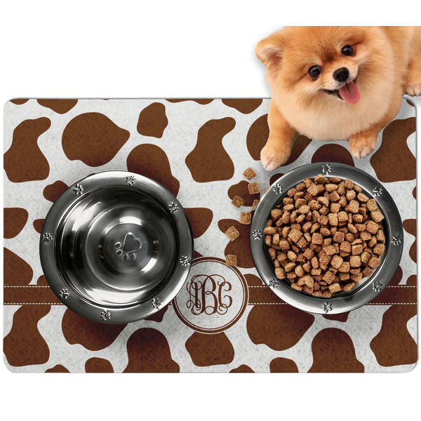 Custom Cow Print Dog Food Mat - Small w/ Monogram