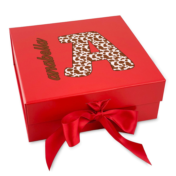 Custom Cow Print Gift Box with Magnetic Lid - Red (Personalized)