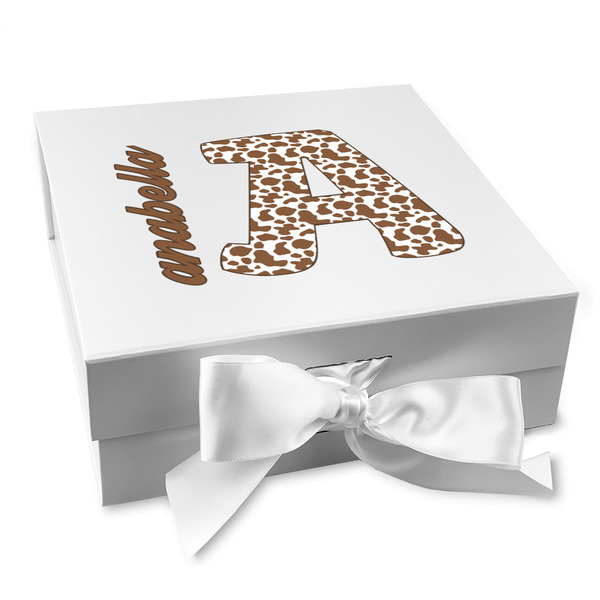 Custom Cow Print Gift Box with Magnetic Lid - White (Personalized)
