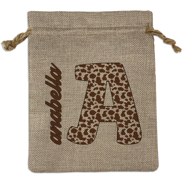 Custom Cow Print Medium Burlap Gift Bag - Front (Personalized)