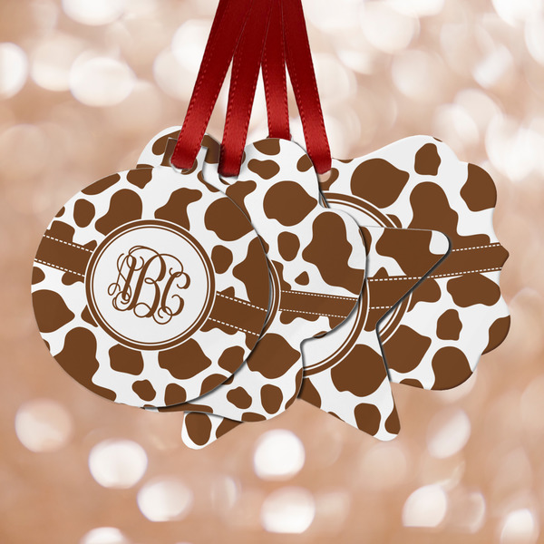 Custom Cow Print Metal Ornaments - Double Sided w/ Monogram