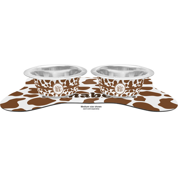 Cow Print Metal Pet Bowls - On Dog Bone Shaped Mat