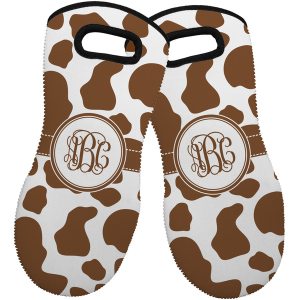 Custom Cow Print Neoprene Oven Mitts - Set of 2 w/ Monogram