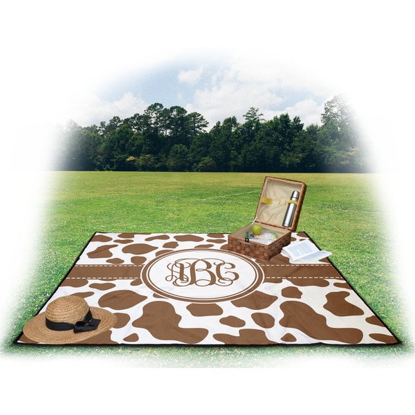 Cow Print Picnic Blanket - with Basket Hat and Book - in Use
