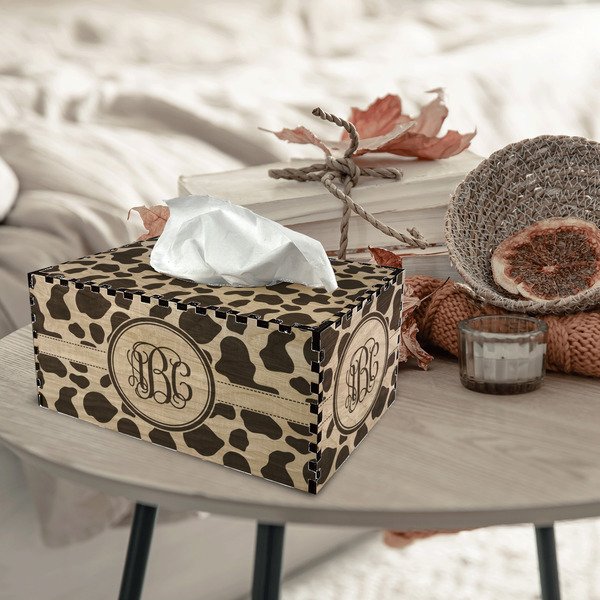 Cow Print Rectangle Tissue Box Covers - Wood - In Context