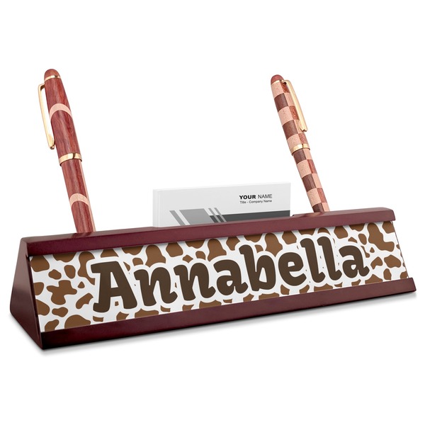 Custom Cow Print Red Mahogany Nameplate with Business Card Holder (Personalized)