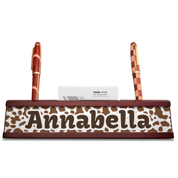 Cow Print Red Mahogany Nameplates with Business Card Holder - Straight