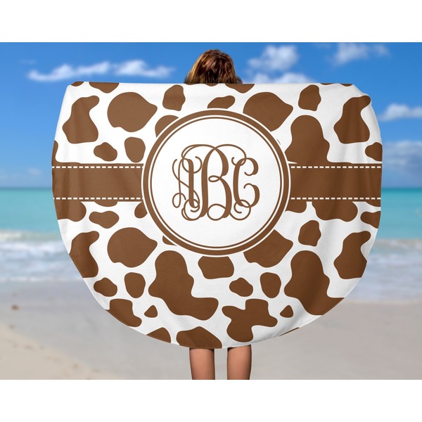 Cow Print Round Beach Towel - In Use