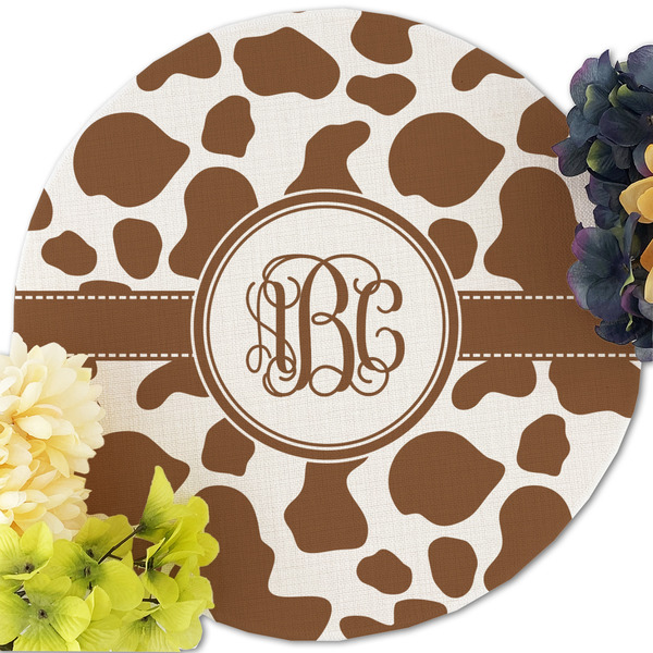 Cow Print Round Linen Placemats - Front (w flowers)