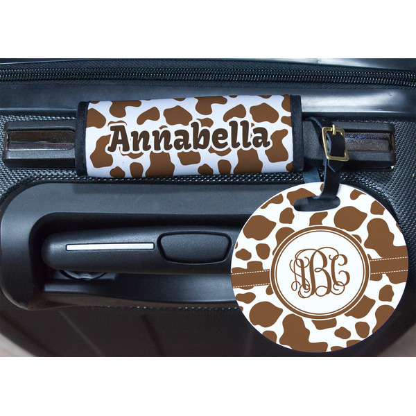 Cow Print Round Luggage Tag & Handle Wrap - In Context
