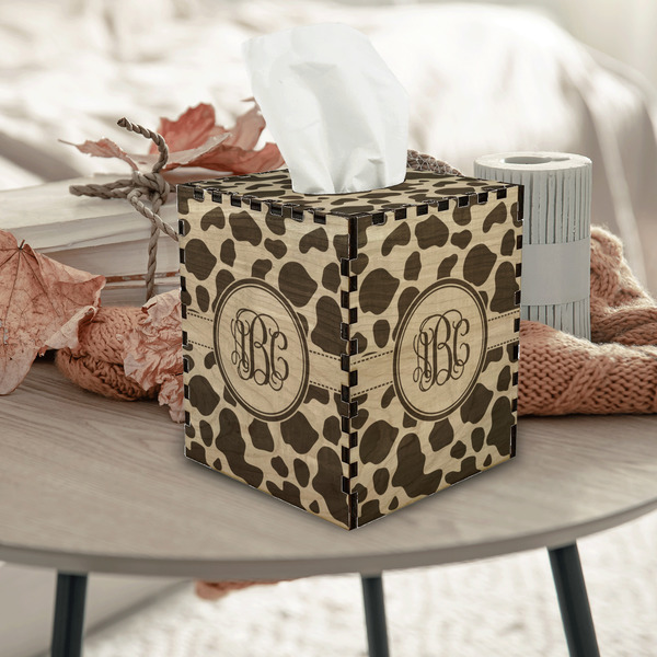 Cow Print Square Tissue Box Covers - Wood - In Context