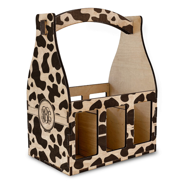 Custom Cow Print Wooden Beer Bottle Caddy (Personalized)