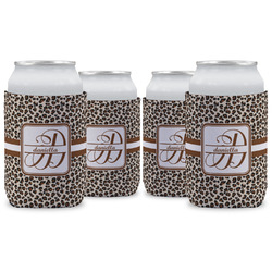 Leopard Print Can Cooler (12 oz) - Set of 4 w/ Name and Initial
