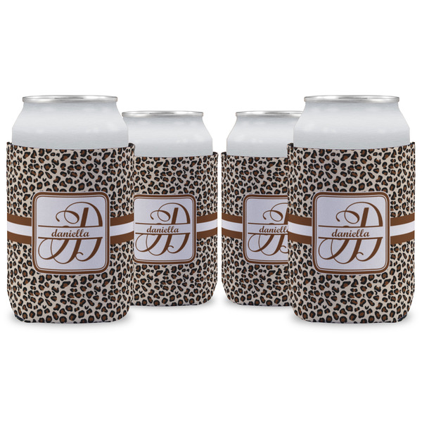 Custom Leopard Print Can Cooler (12 oz) - Set of 4 w/ Name and Initial