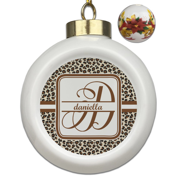 Custom Leopard Print Ceramic Ball Ornaments - Poinsettia Garland (Personalized)