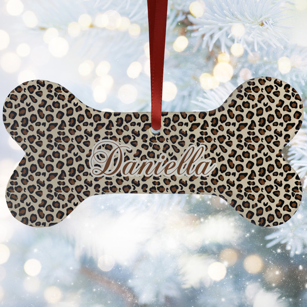 Custom Leopard Print Ceramic Dog Ornament w/ Name and Initial