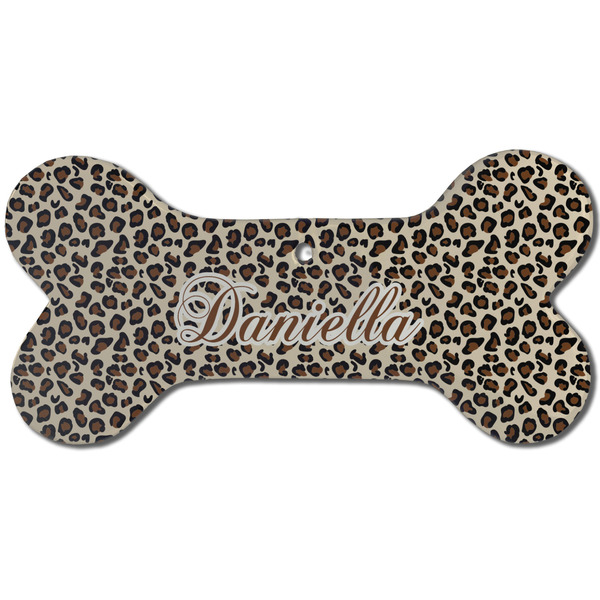 Custom Leopard Print Ceramic Dog Ornament - Front w/ Name and Initial